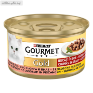 کنسرو غذای گربه گورمت گلد با طعم ماهی قزل آلا و مرغ در سس Gourmet gold with somonlu ve tavuklu وزن 85 گرم