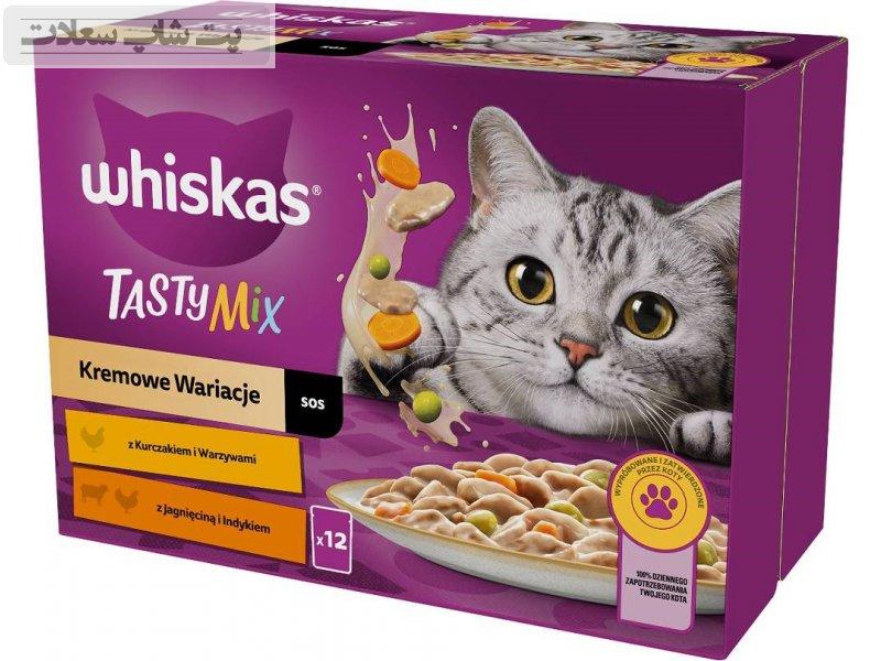 r21et2e1te21tr2e پوچ گربه ویسکاس با طعم میکس مرغ و سبزیجات، بره و بوقلمون Whiskas Tasty Mix Kremowe مجموعه 12 عددی